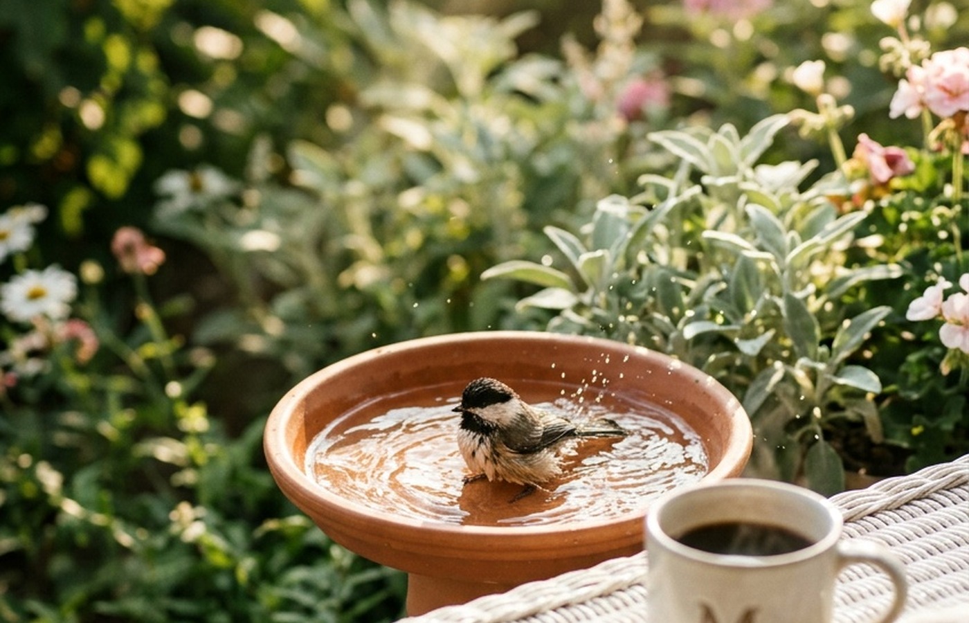 Shallow terracotta bird bath basin with a small songbird bathing in morning light