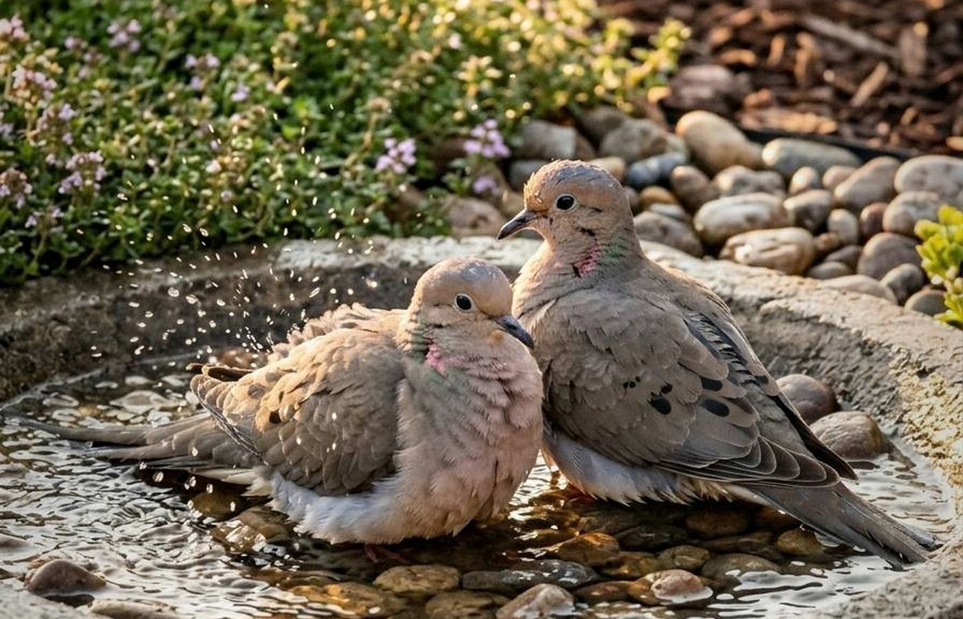 Bird bath set near flowers with open ground around the base for visibility