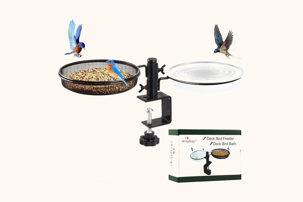 A deck mounted bird bath and feeder that clamps to a railing