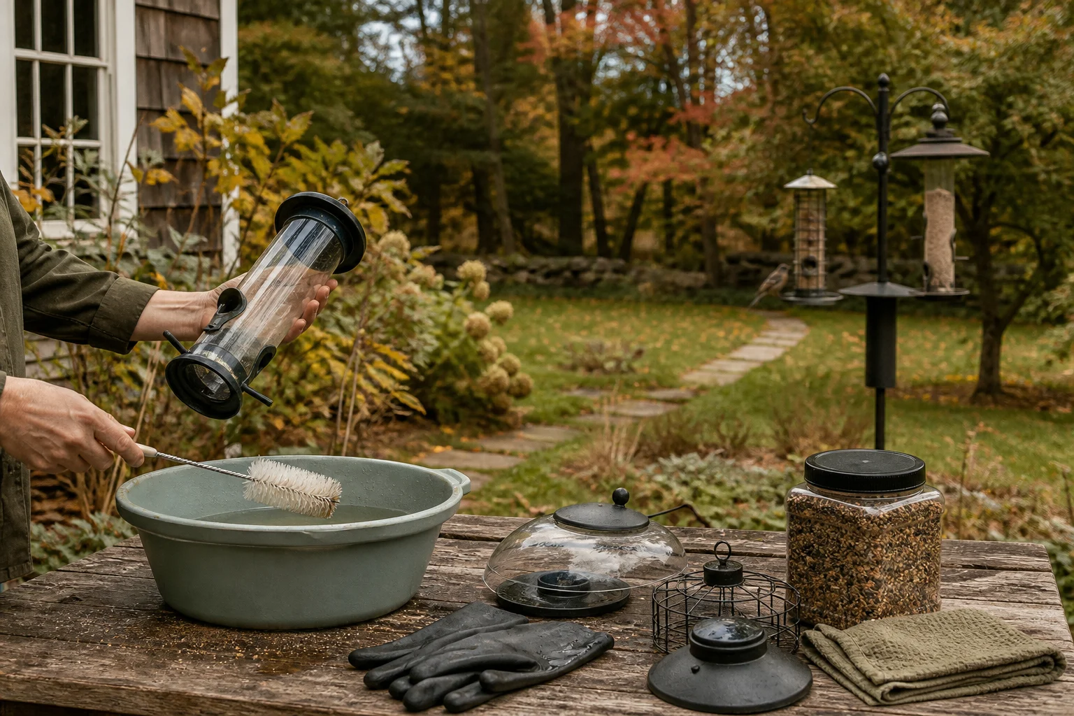 Bird feeder parts, cleaning brush, basin, gloves, and sealed seed container on a bench