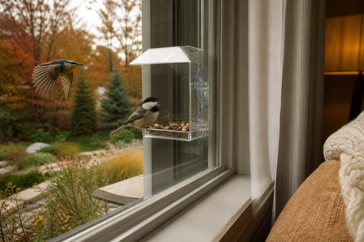Window-mounted feeder positioned directly outside the glass with songbirds approaching