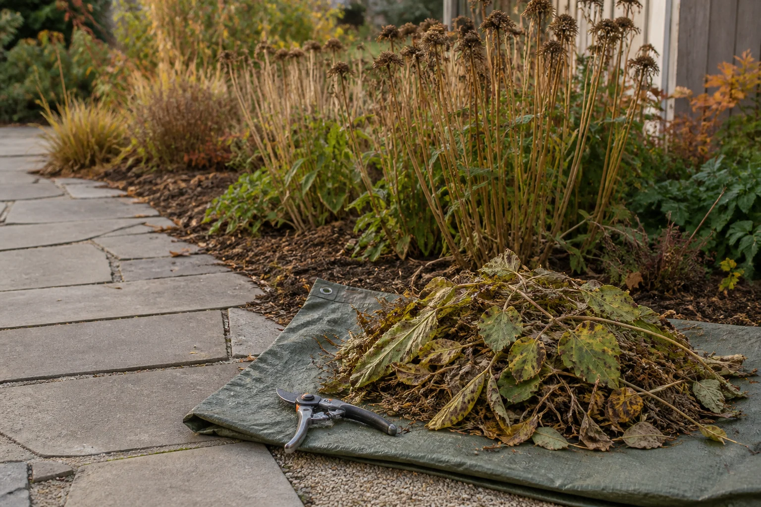 Gardener selectively cutting damaged stems while healthy seed heads remain standing