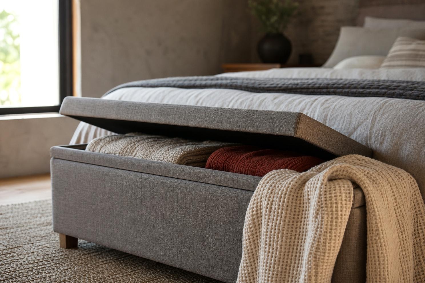 A storage ottoman bench at the foot of a bed with the lid tilted open showing folded blankets inside