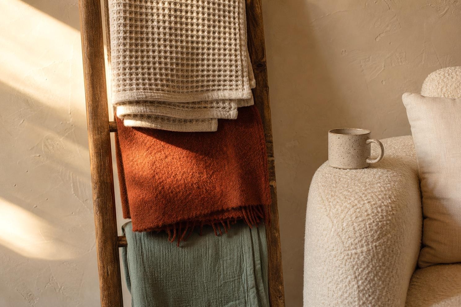 A wooden blanket ladder leaning against a pale wall with three folded throws over the rungs beside a chair
