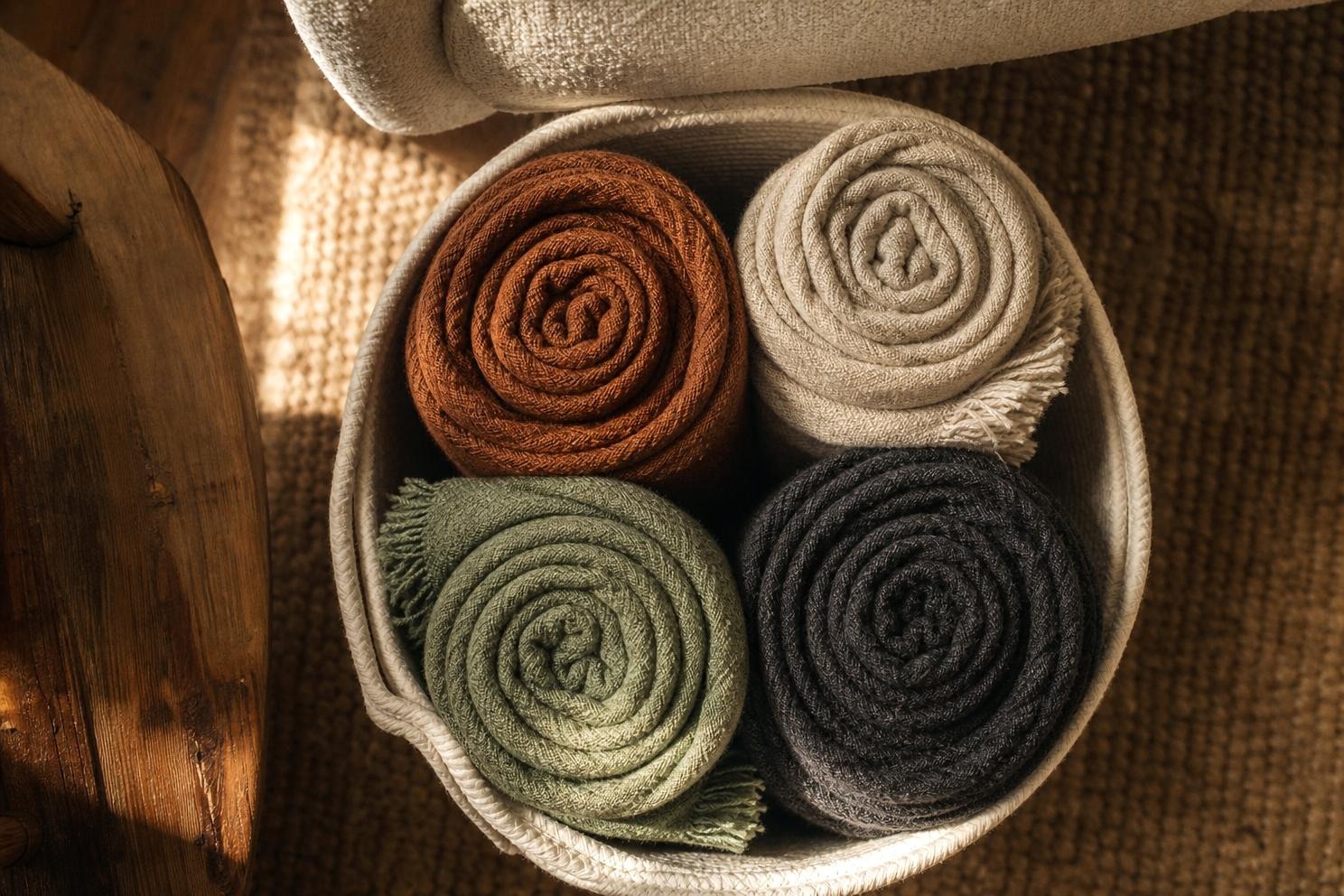 Rolled wool throws standing upright in a woven basket, seen from above, showing how the rolls press against the basket walls