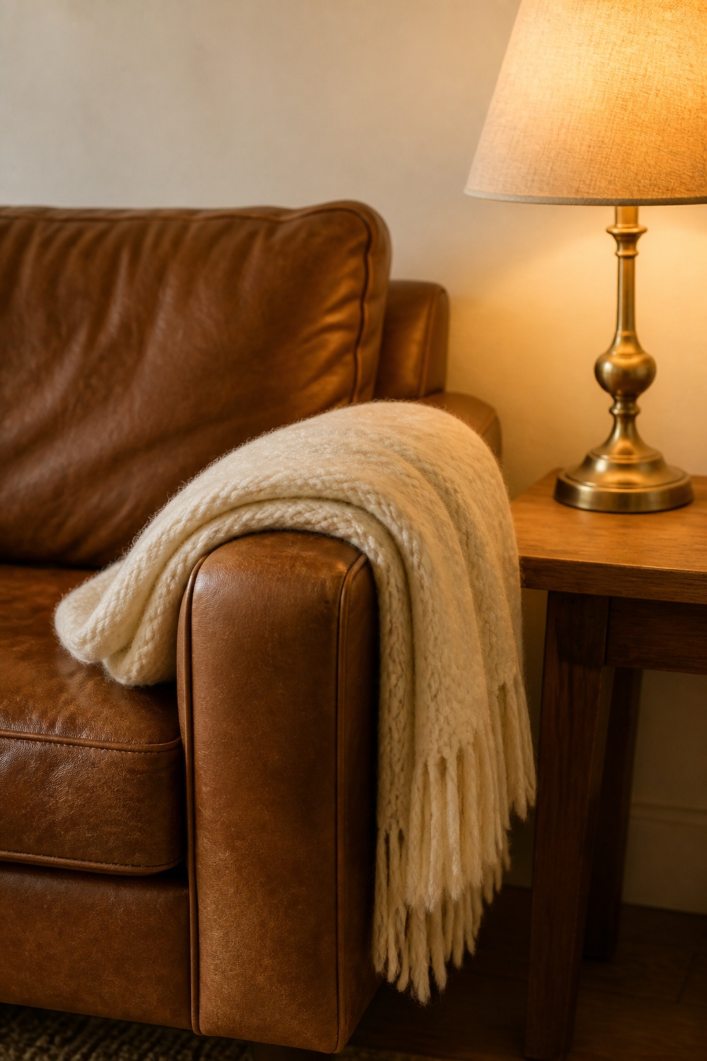 Brown leather sofa with a folded cream wool throw on the arm and a single small oak side table with a brass lamp