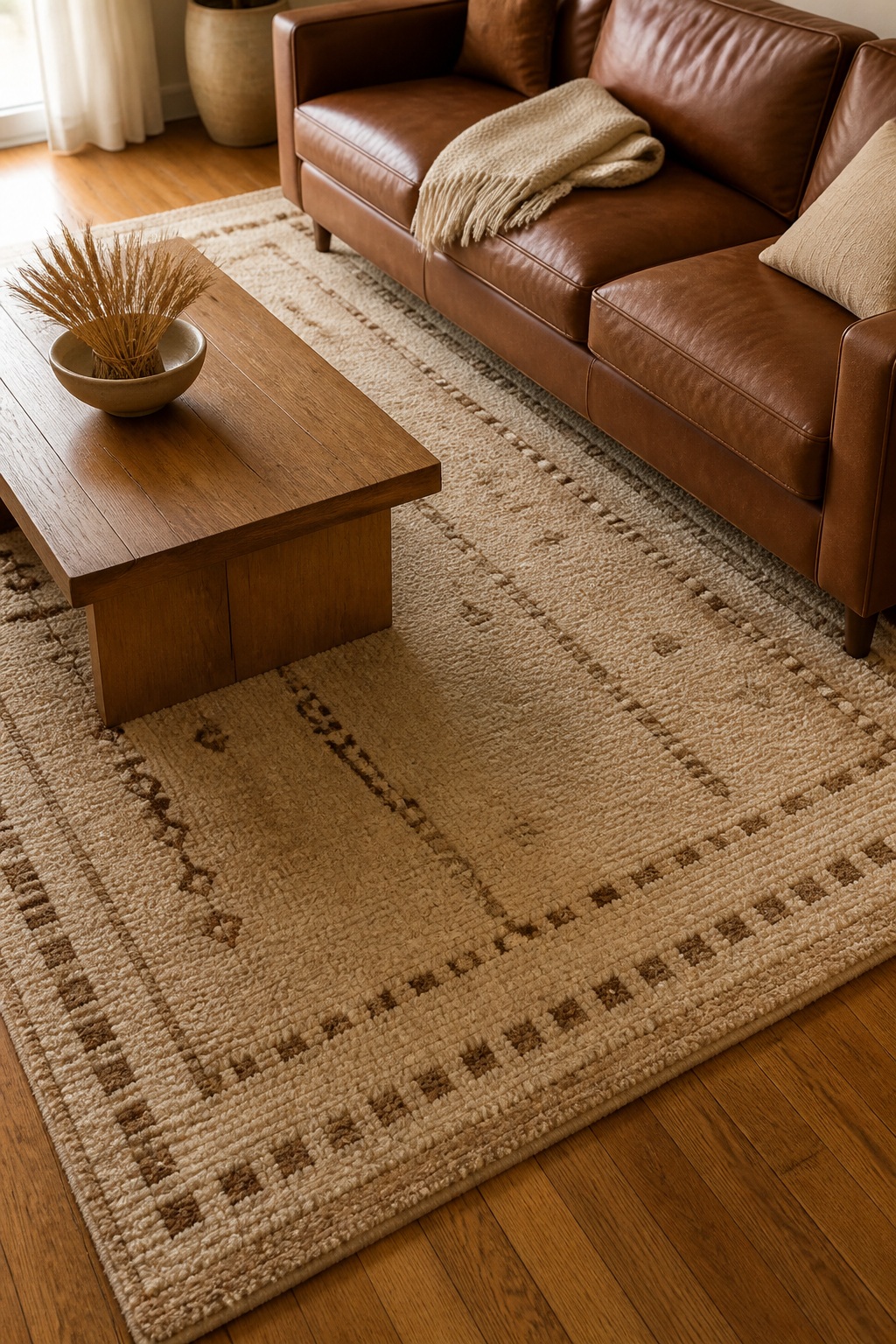 Wool rug in cream and oat with brown geometric accents under a brown leather sofa, oak coffee table on top of the rug