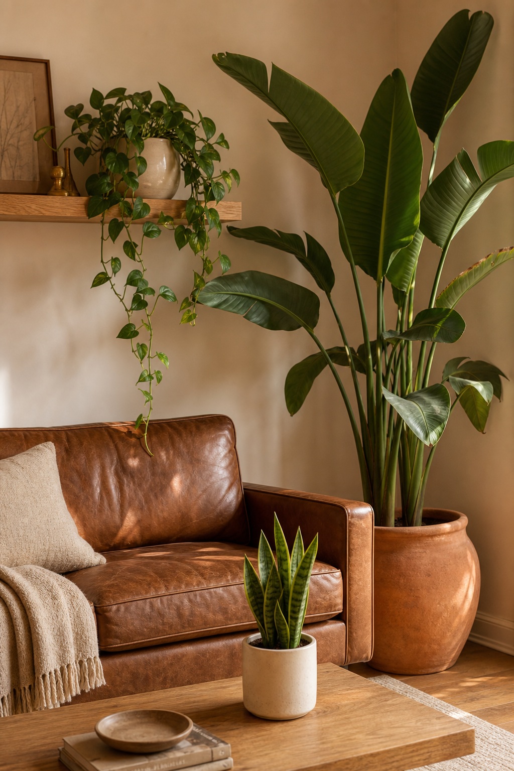Brown leather sofa with a tall bird of paradise plant behind it, trailing pothos on the bookshelf, and a small snake plant on the oak coffee table