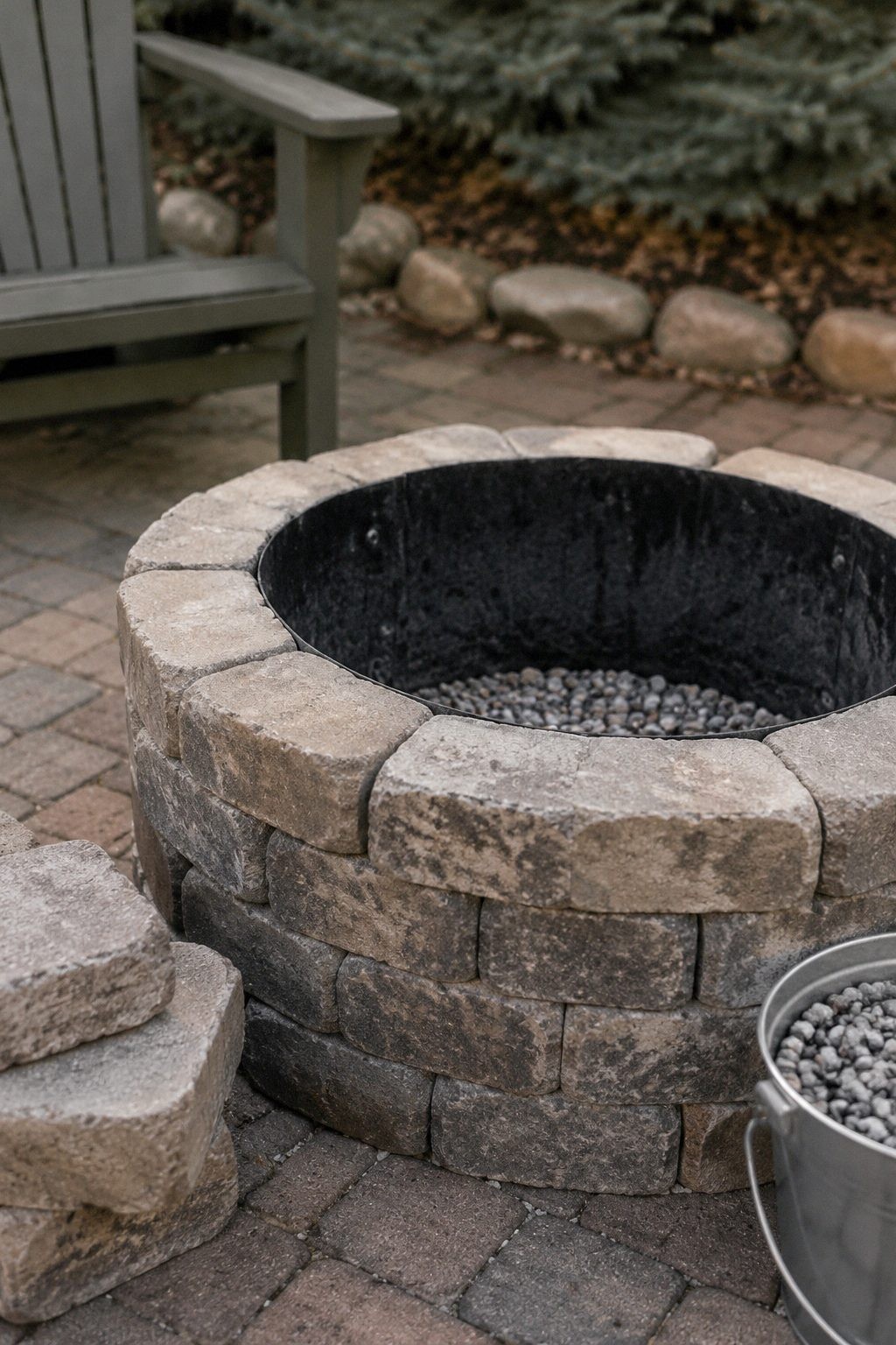 A round fire pit built from stacked retaining wall pavers with a steel insert, on a paver patio