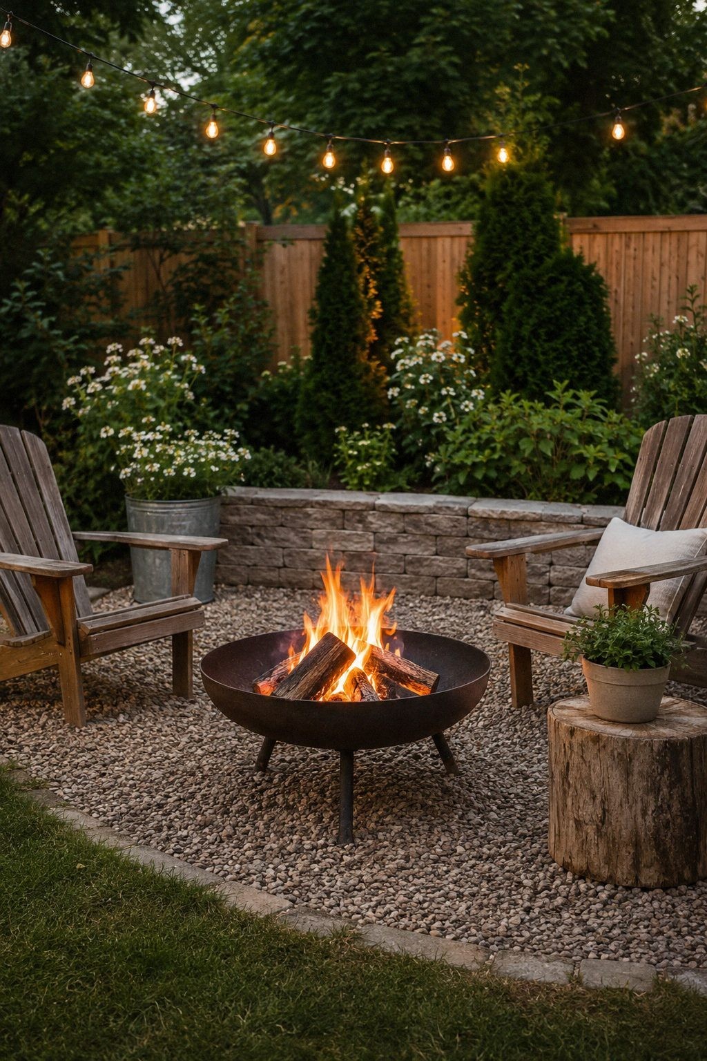 A pea gravel fire pit circle with a clean stone edge, two Adirondack chairs and planting behind the seating