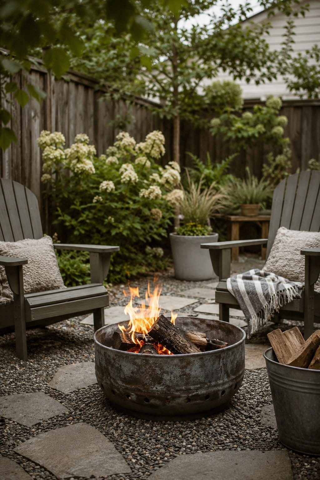 Flagstone set into gravel around a metal fire bowl, with two chairs, a folded throw and a bucket of split logs
