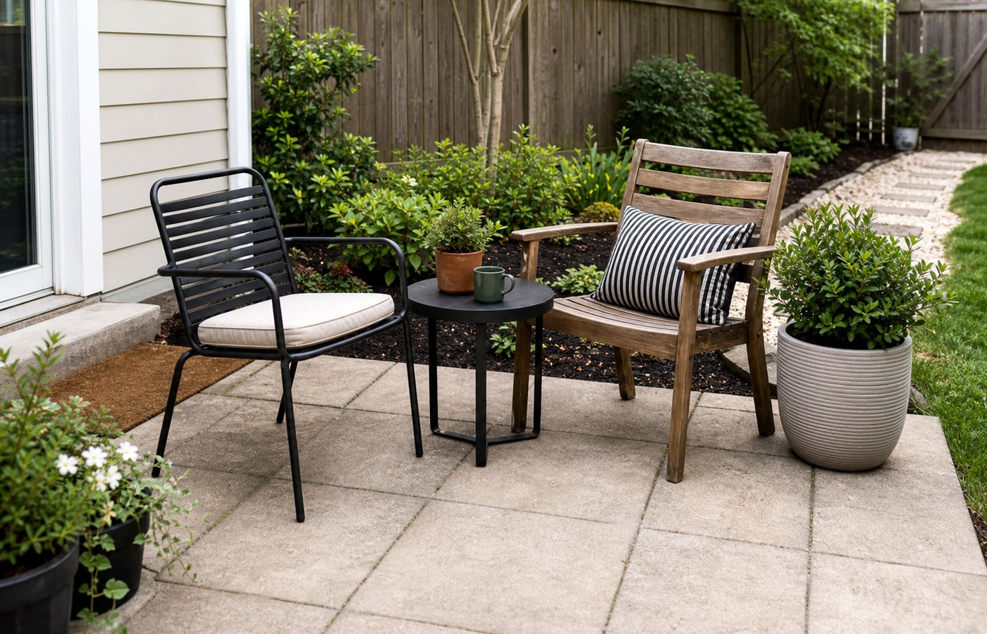 Budget patio seating arranged into one clear zone with chairs, a small table, and plants at the edge