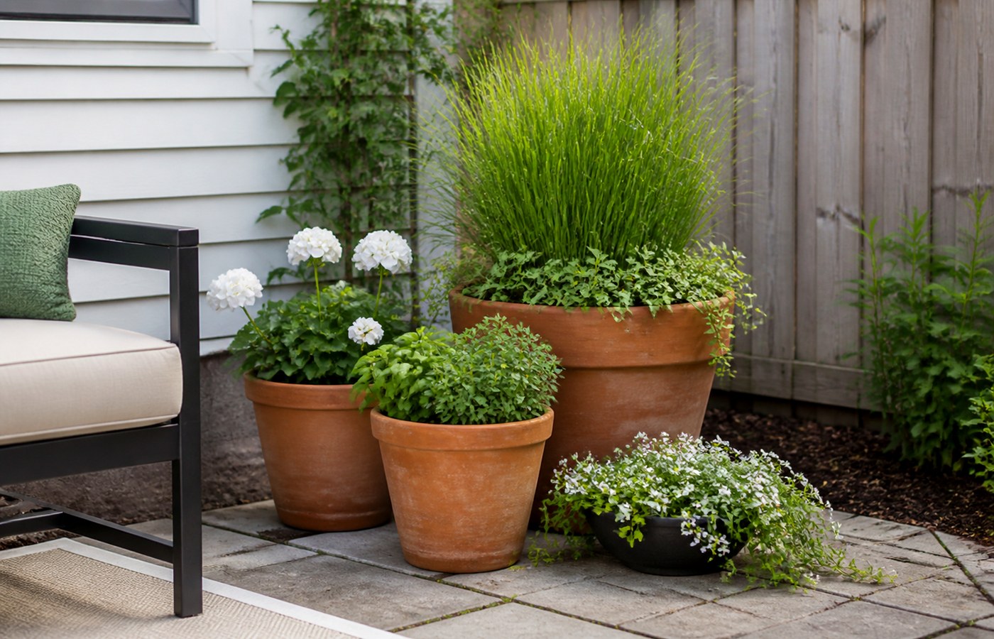 Grouped patio planters with repeated containers and mixed plant heights beside a simple seating area