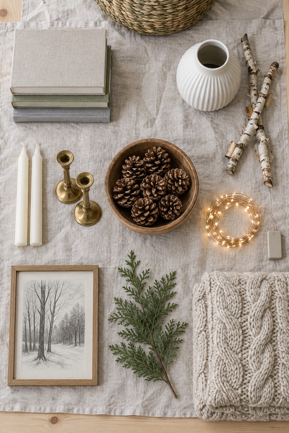 Overhead view of everything for one winter shelf laid out on a linen cloth: books, a white ribbed vase, birch twigs, pinecones in a bowl, cream candles, brass candlesticks, fairy lights, a framed print, cedar and a knit throw