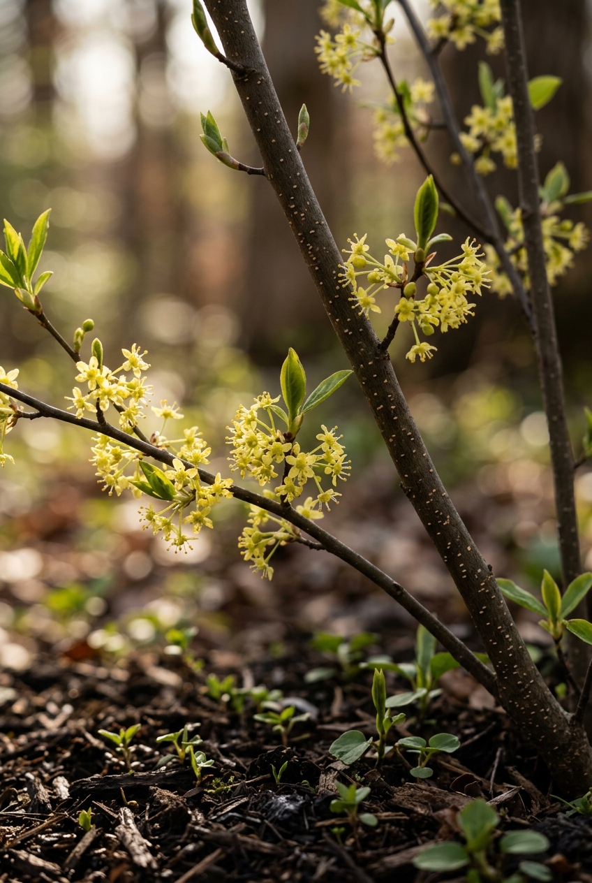 Spicebush and wild columbine planted in dappled shade with mulch in Zone 7 butterfly garden