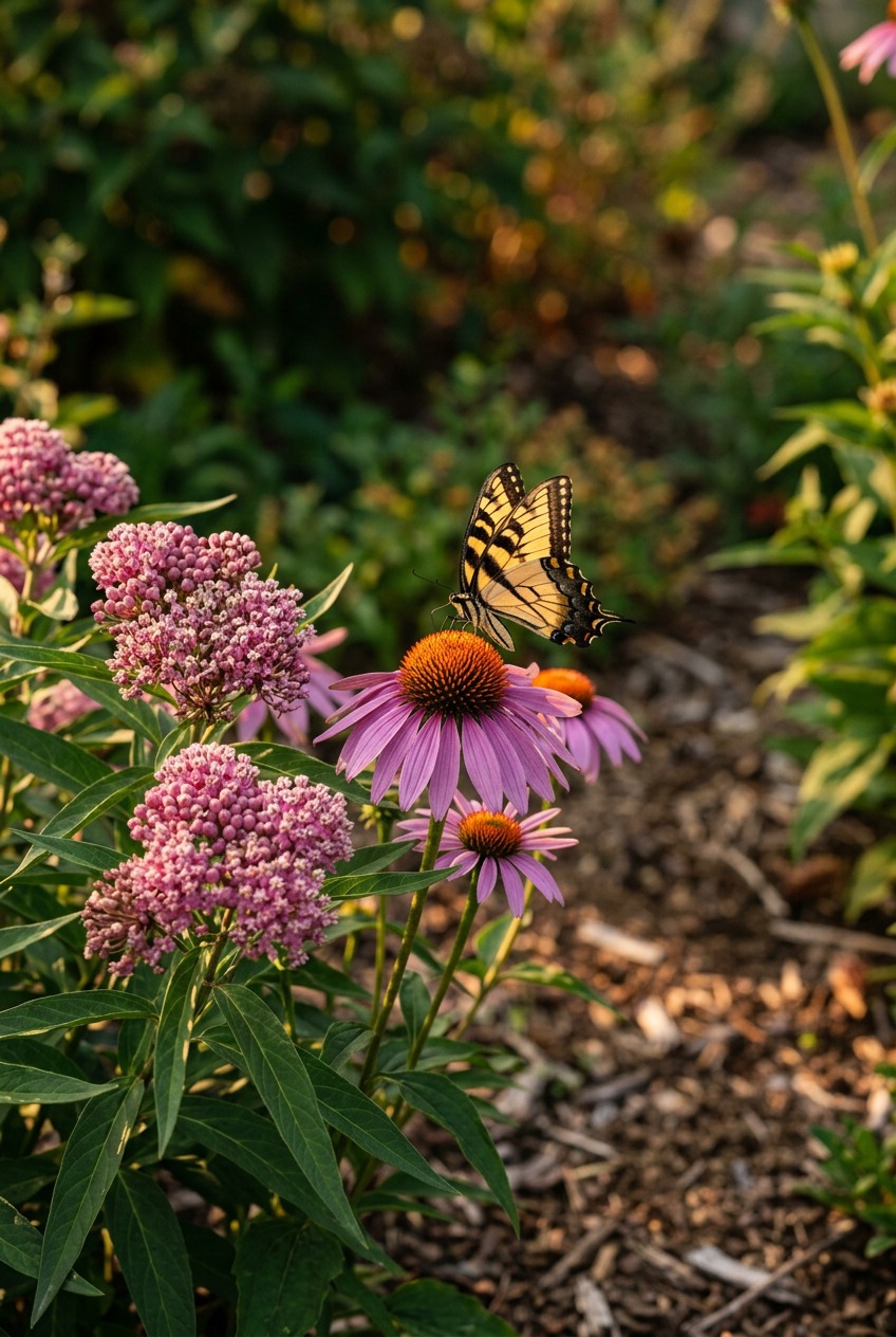 Swamp milkweed and purple coneflower in full bloom with monarch butterfly feeding in Zone 7 summer garden