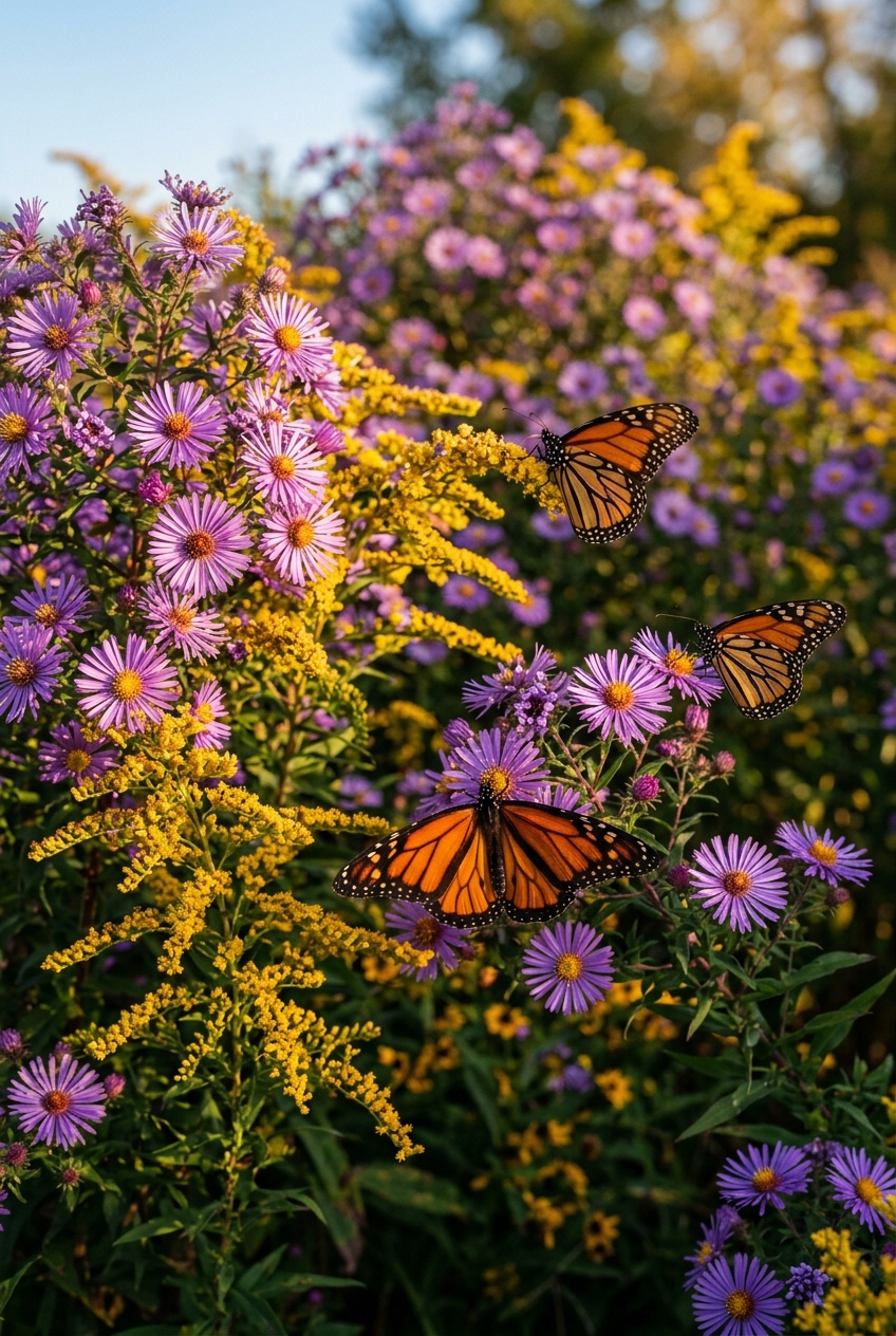 New England aster and goldenrod in fall butterfly garden with multiple monarch butterflies in Zone 7
