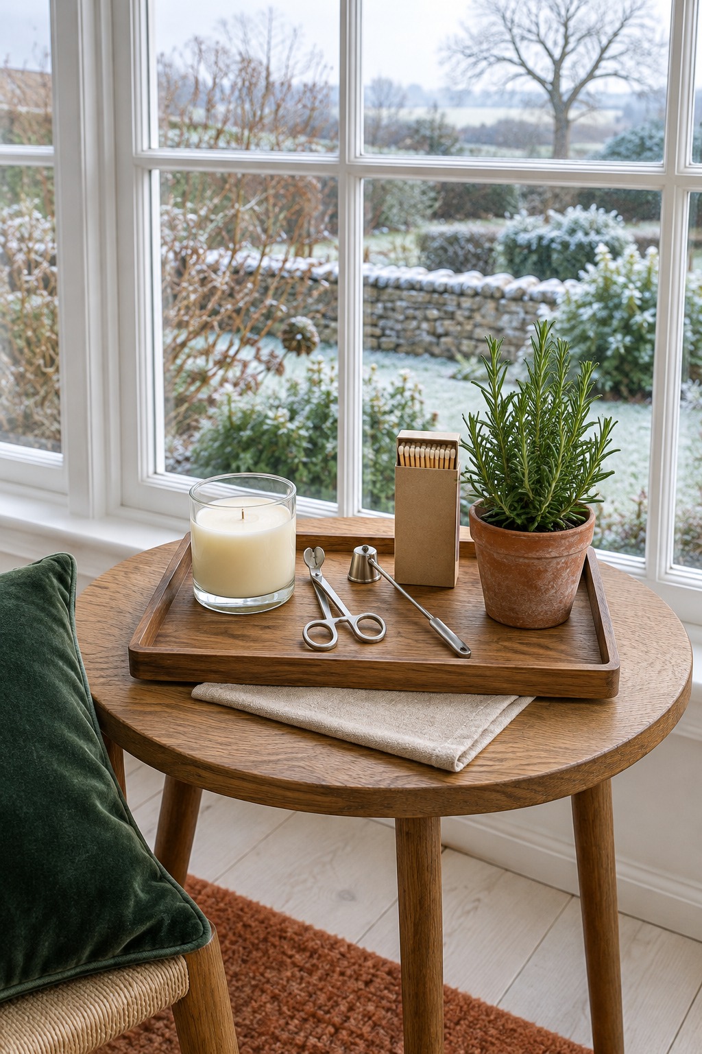 Wooden tray on a window sill table holding a glass jar candle, a stainless wick trimmer and snuffer set and a box of long matches beside a small pot of rosemary, a winter garden through the window
