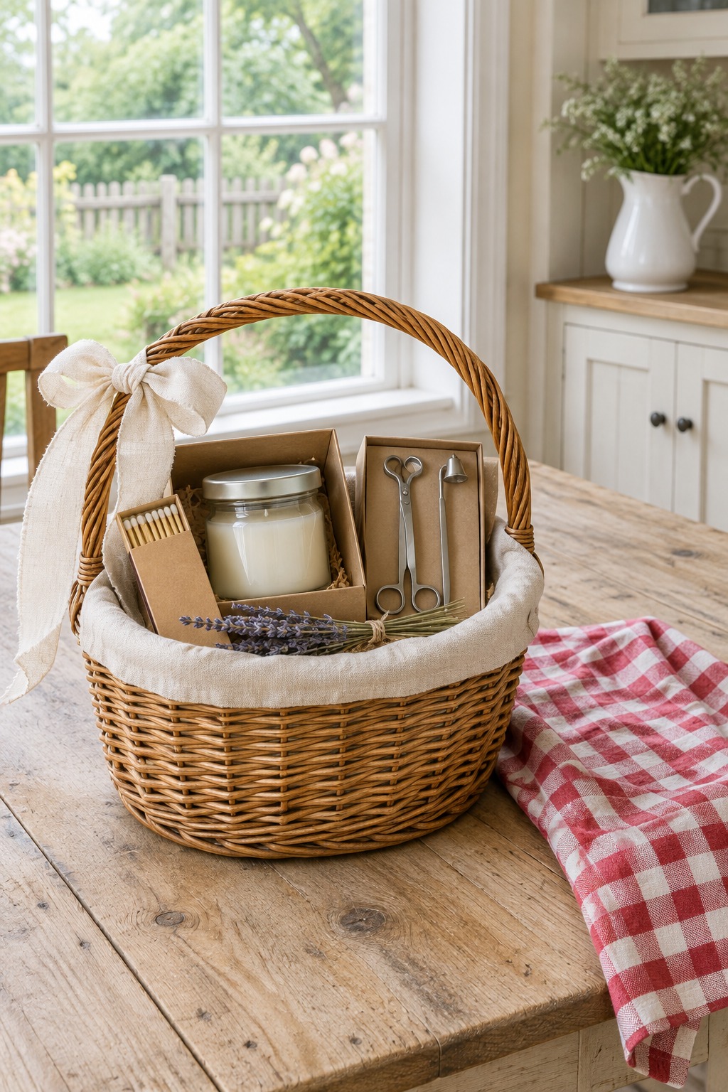 Lined wicker basket on a farmhouse kitchen table holding a glass jar candle in a gift box, a wick trimmer set, a box of long matches and a sprig of dried lavender, wrapped with a linen ribbon