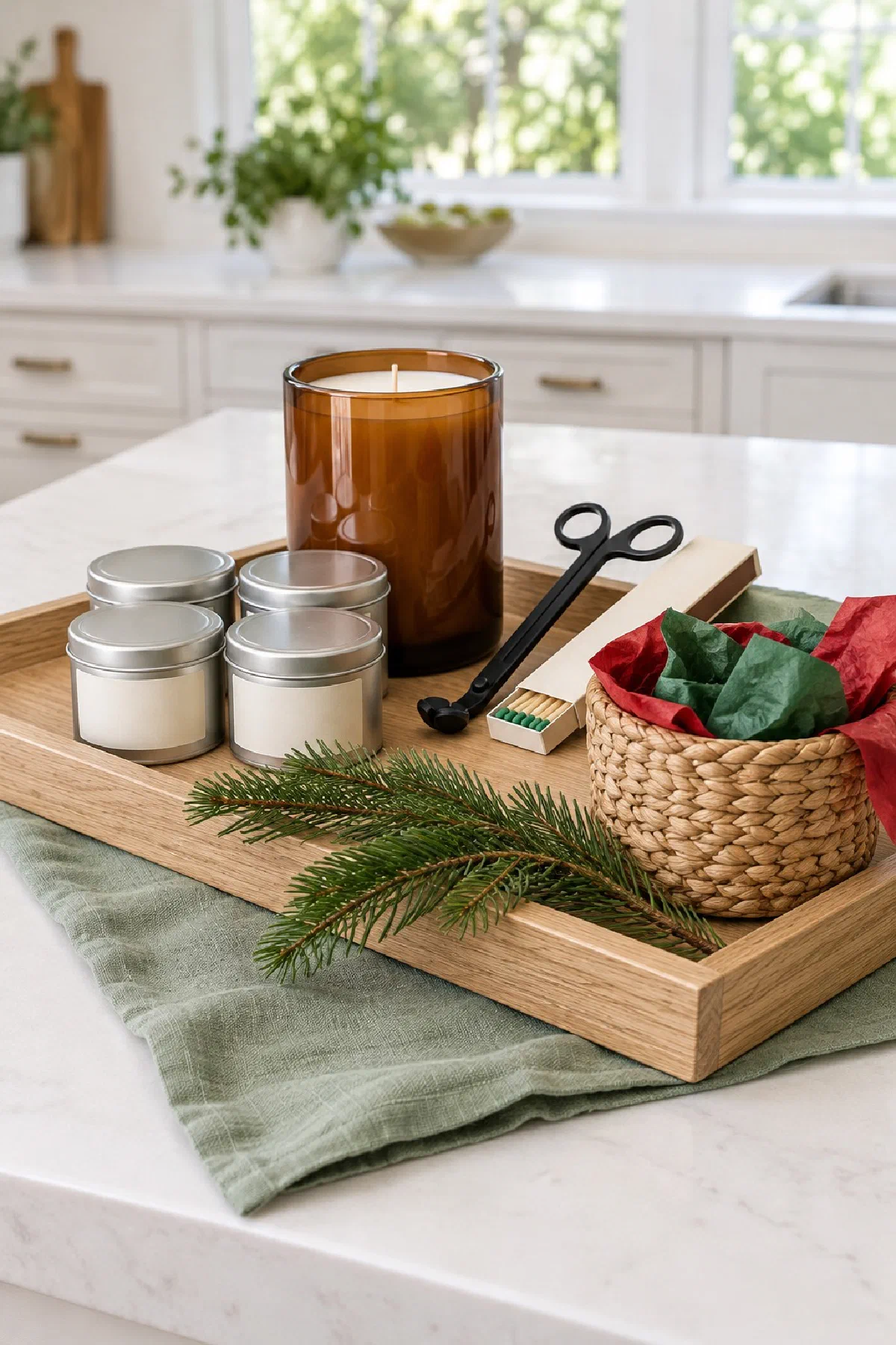 Wooden tray on a farmhouse coffee table holding three lit candles in glass jars and tins, a brass wick trimmer, a box of long matches and a folded cream throw, a window and a lit lamp behind