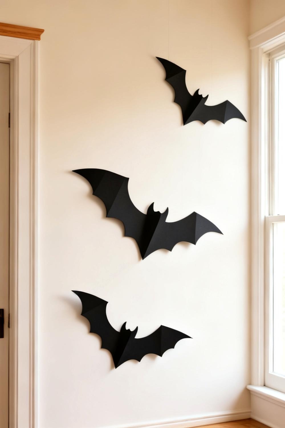 Three black paper bats in different sizes mounted flat and well spaced on a pale wall beside a window