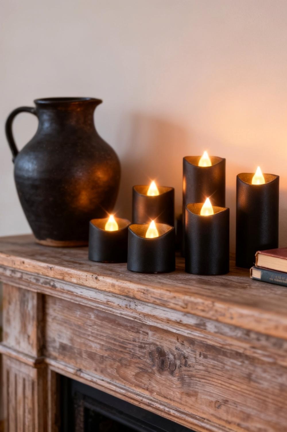 A close group of black flameless tea light candles at different heights along a wooden mantel, all lit warm
