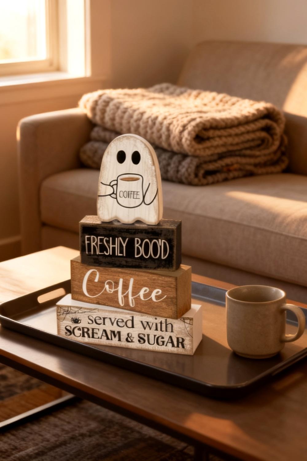 Small wooden ghost blocks standing together on a coffee table tray, matte painted faces with visible wood grain