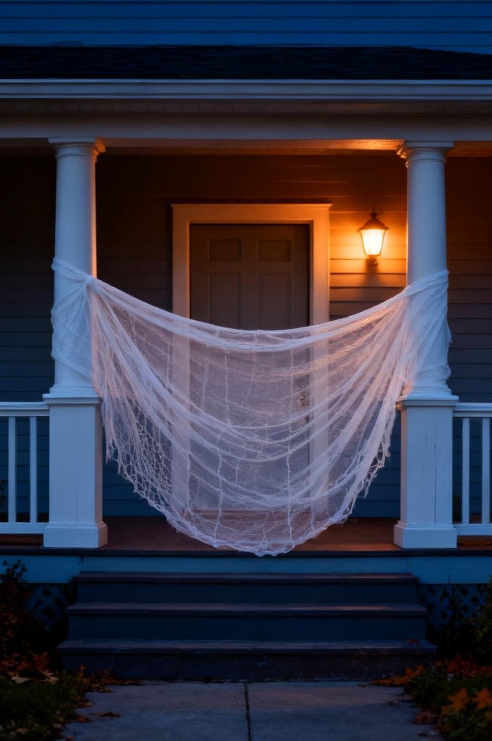 A close view of white gauze folds on a hanging ghost with warm light from one side throwing soft shadows into the fabric, blurred autumn yard behind
