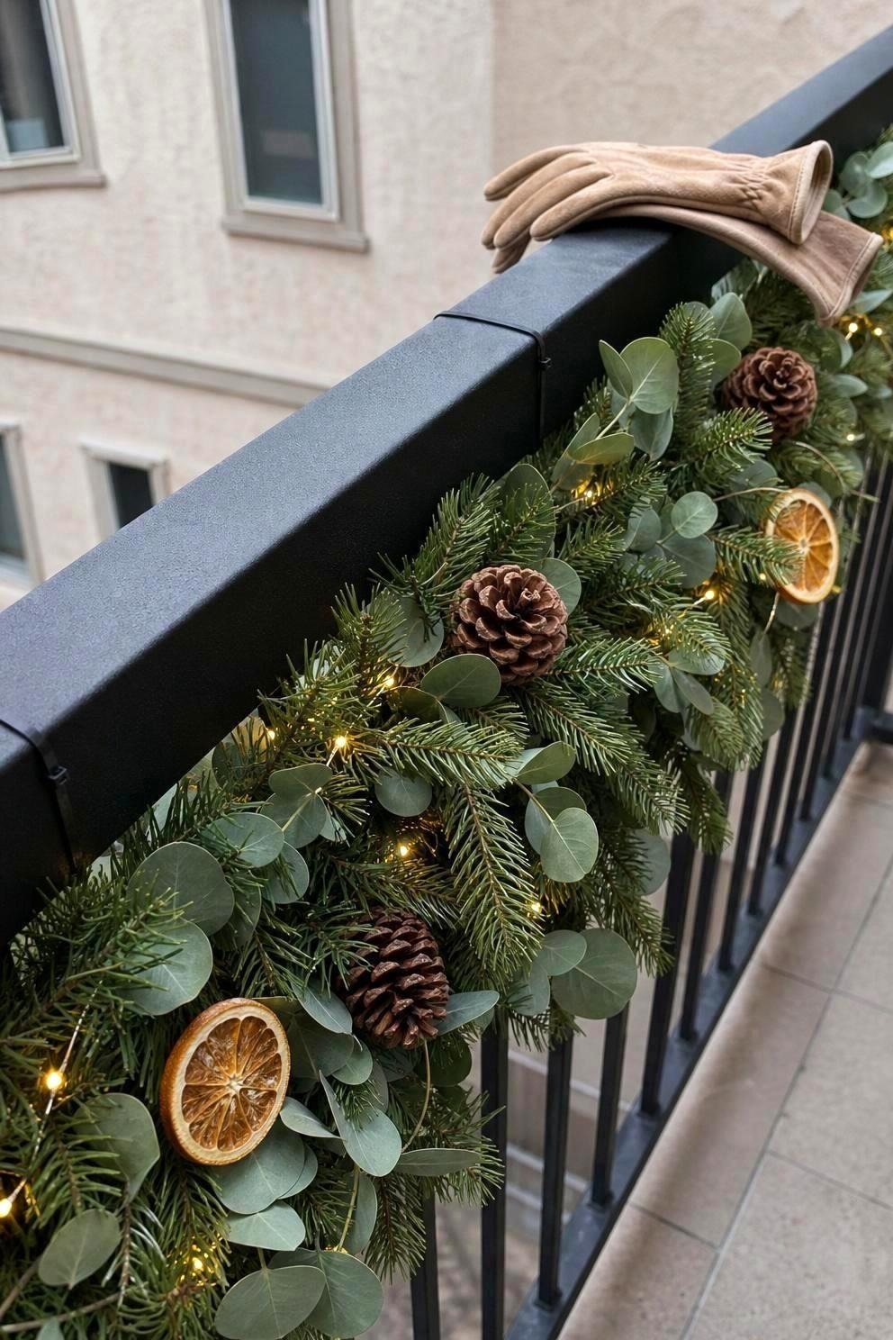 A close view of a black metal balcony railing with a faux eucalyptus and pine garland zip tied along the inside face, warm white fairy lights woven through it