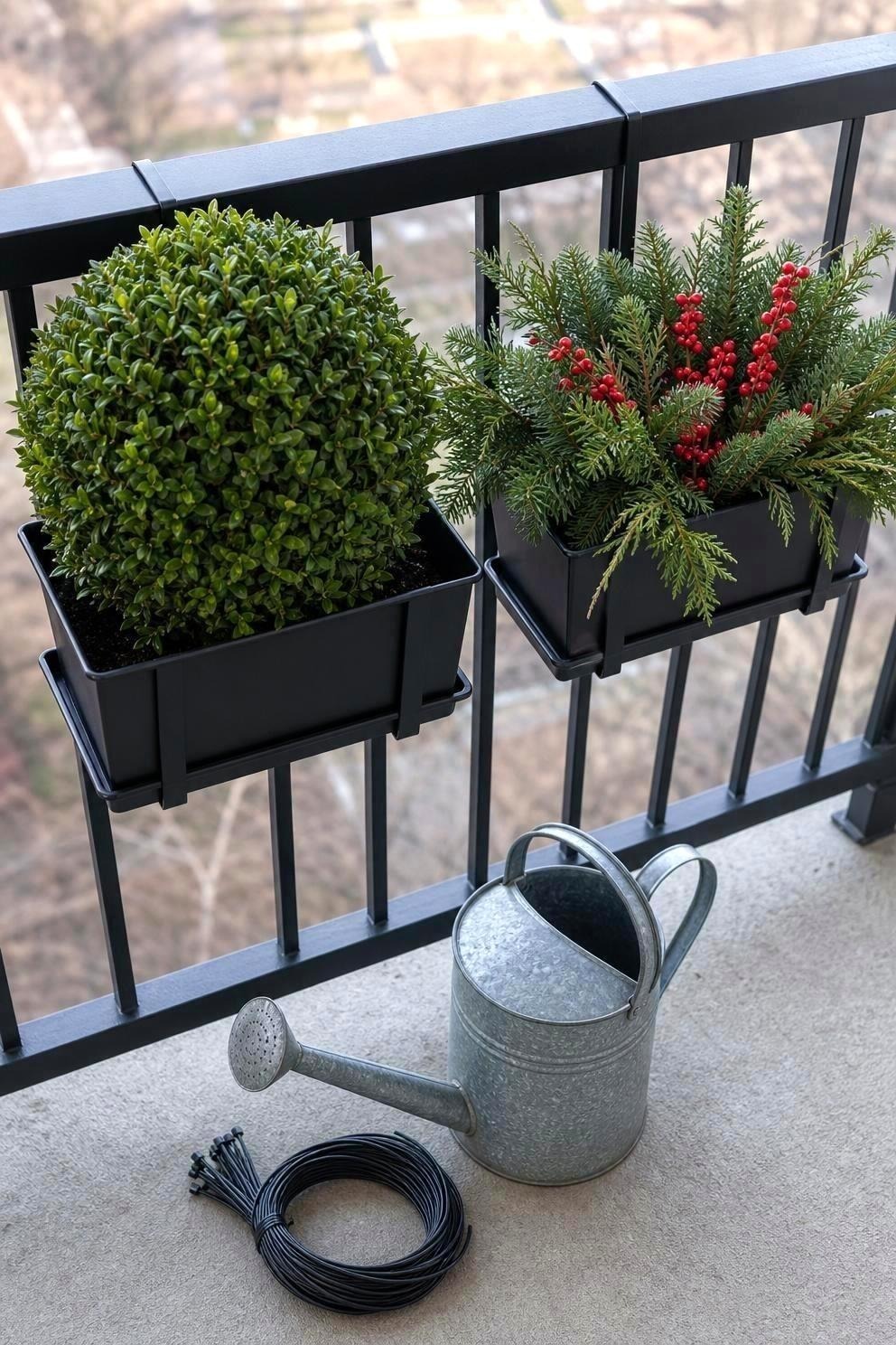 Two railing planters hooked over the inside of a balcony rail, each holding a small evergreen with red berries, drip trays visible underneath