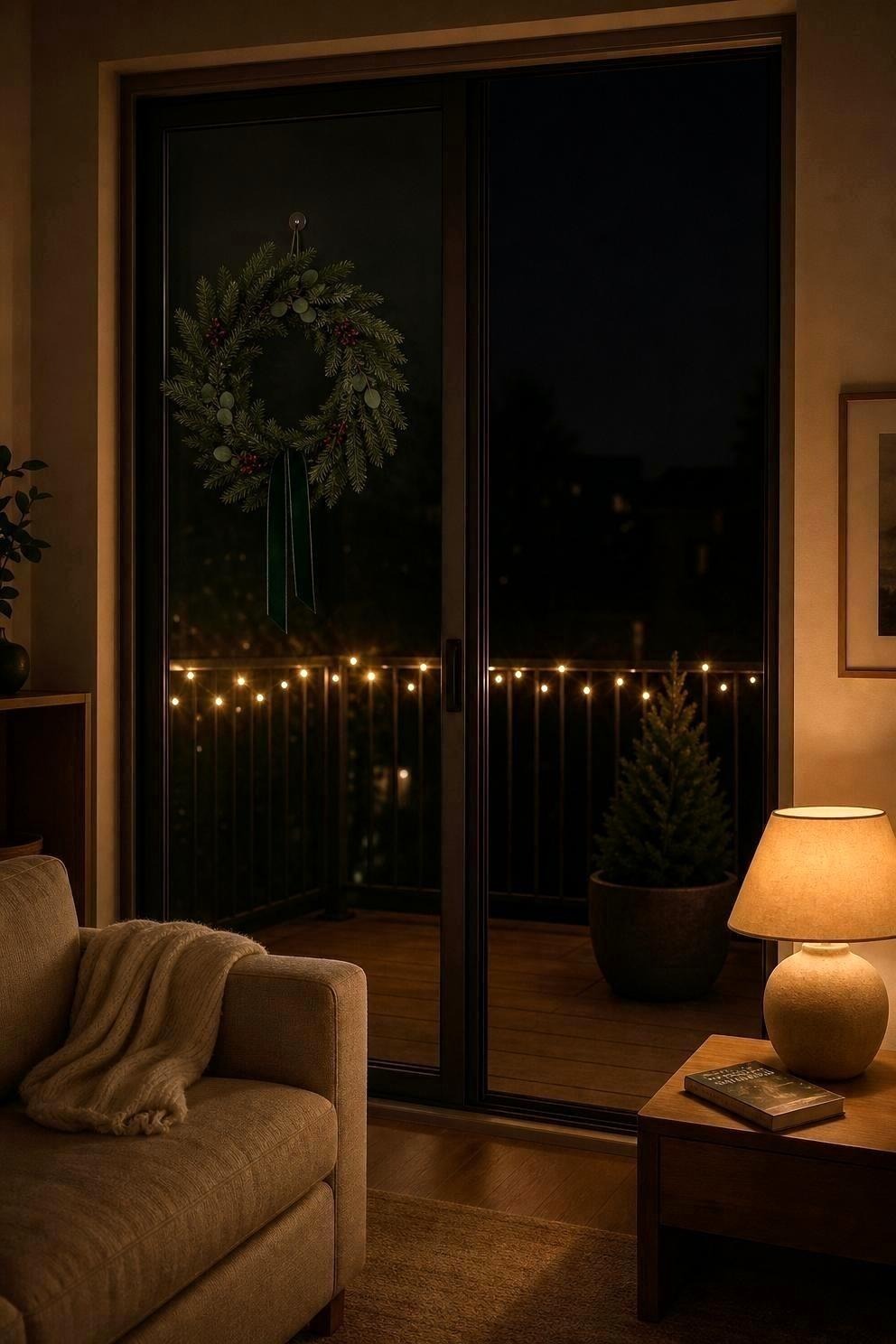 A lit balcony seen from inside a warm living room through a sliding glass door, an evergreen wreath hanging on the inside of the glass and warm lights glowing on the railing beyond