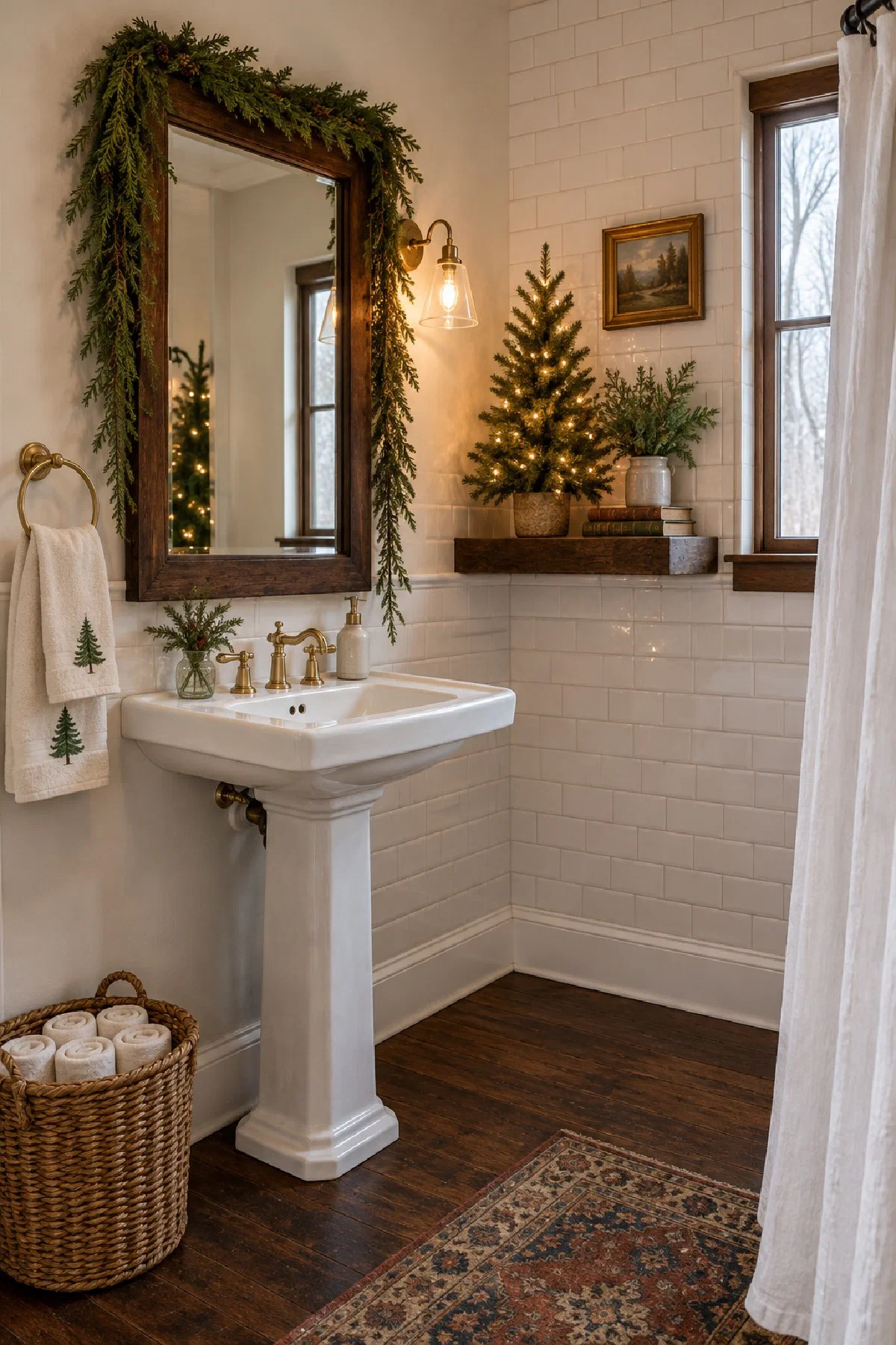 Small farmhouse bathroom at Christmas with a faux cedar garland along the top of a wood-framed mirror over a white pedestal sink, cream pine tree hand towels on a ring, and a small lit tree on a wooden shelf