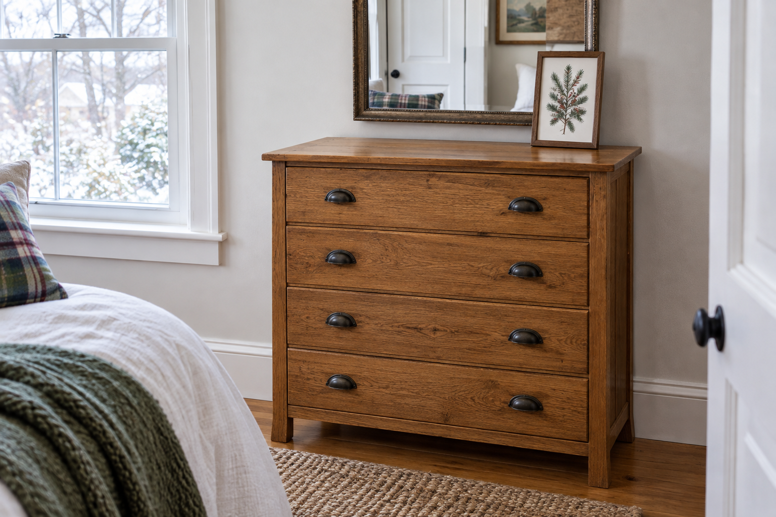 Small framed evergreen drawing at the back of an oak dresser with clear front space and accessible drawers.