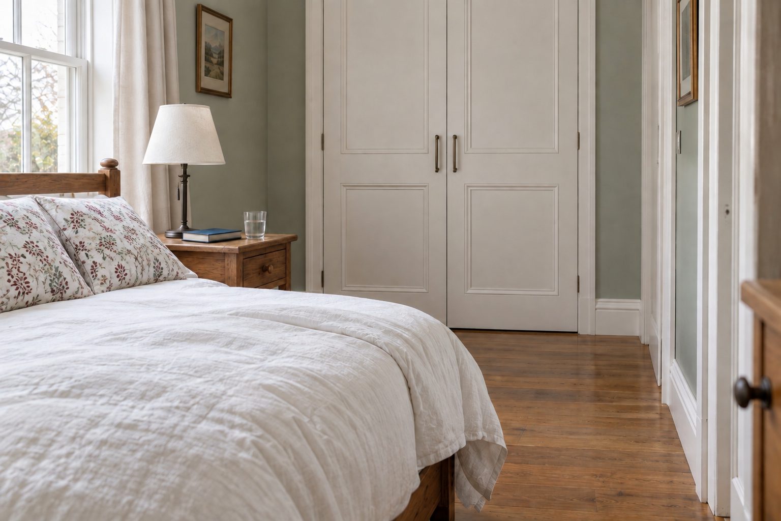 Two usual pillows in matching botanical covers beside an accessible lamp, book and water, with a clear route to wardrobe doors.