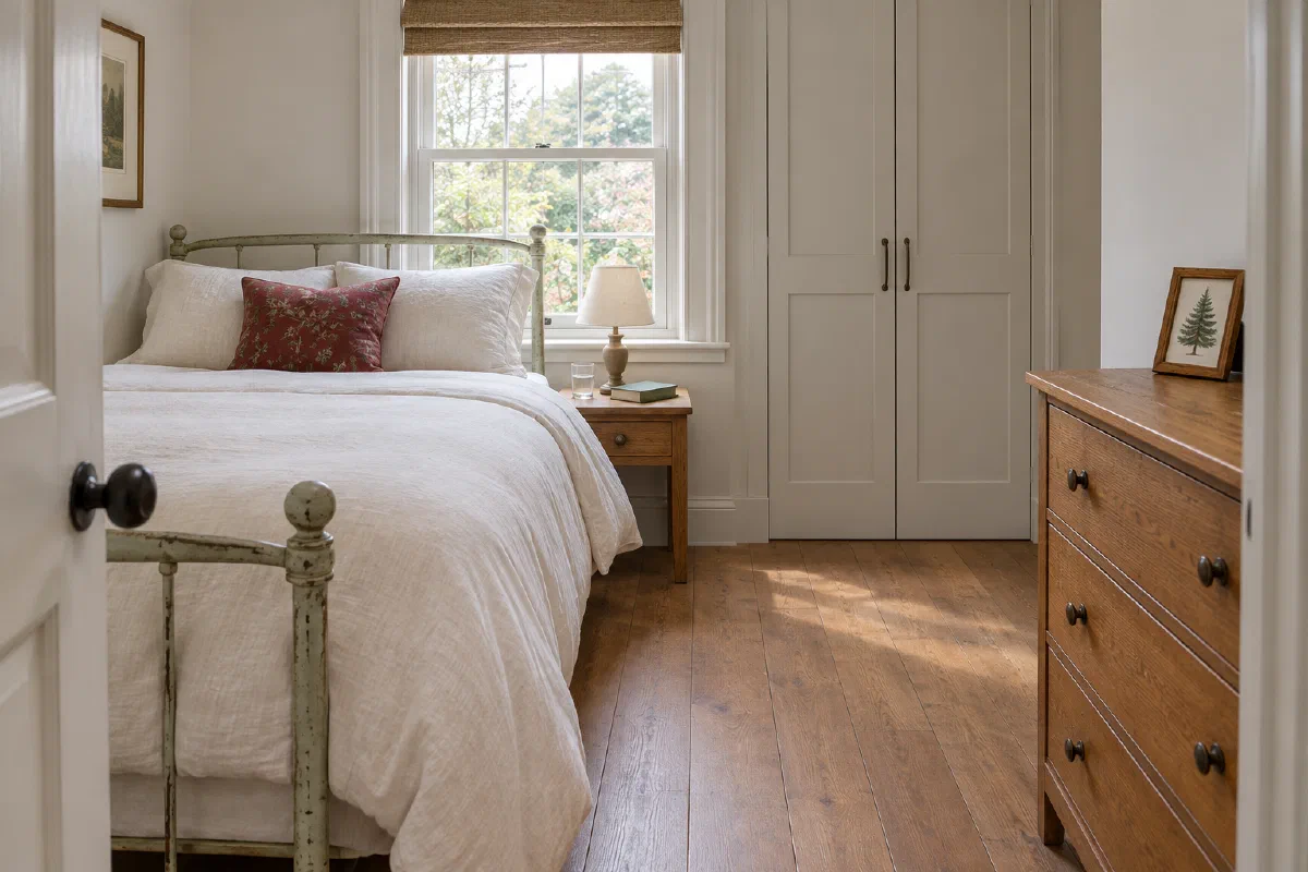 Small tree-free Christmas bedroom with botanical bedding, a framed evergreen drawing and clear access to the bed and wardrobe.