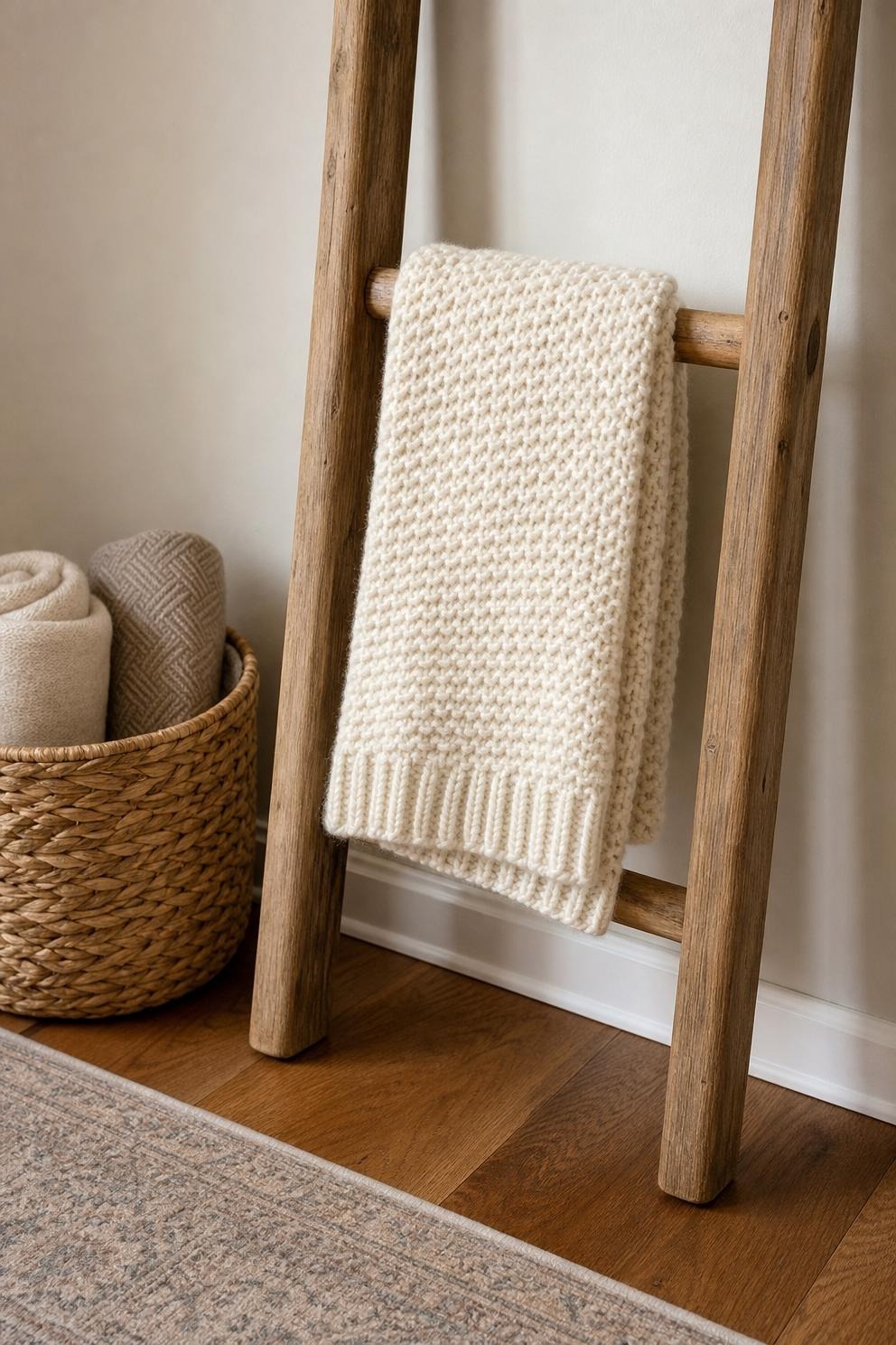 The bottom of a wood blanket ladder leaning on a pale wall with an ivory knit throw on the second rung, a felt pad under the foot and a basket of rolled blankets beside it