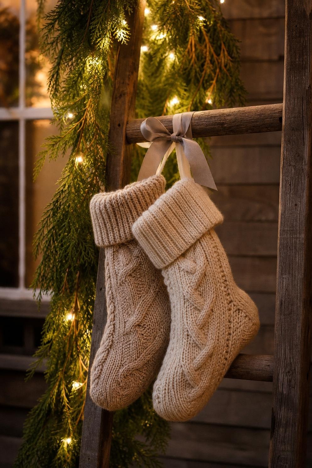 Two knitted stockings in cream and burgundy tied to a ladder rung with sage ribbon, lit by warm battery lights woven into a cedar garland