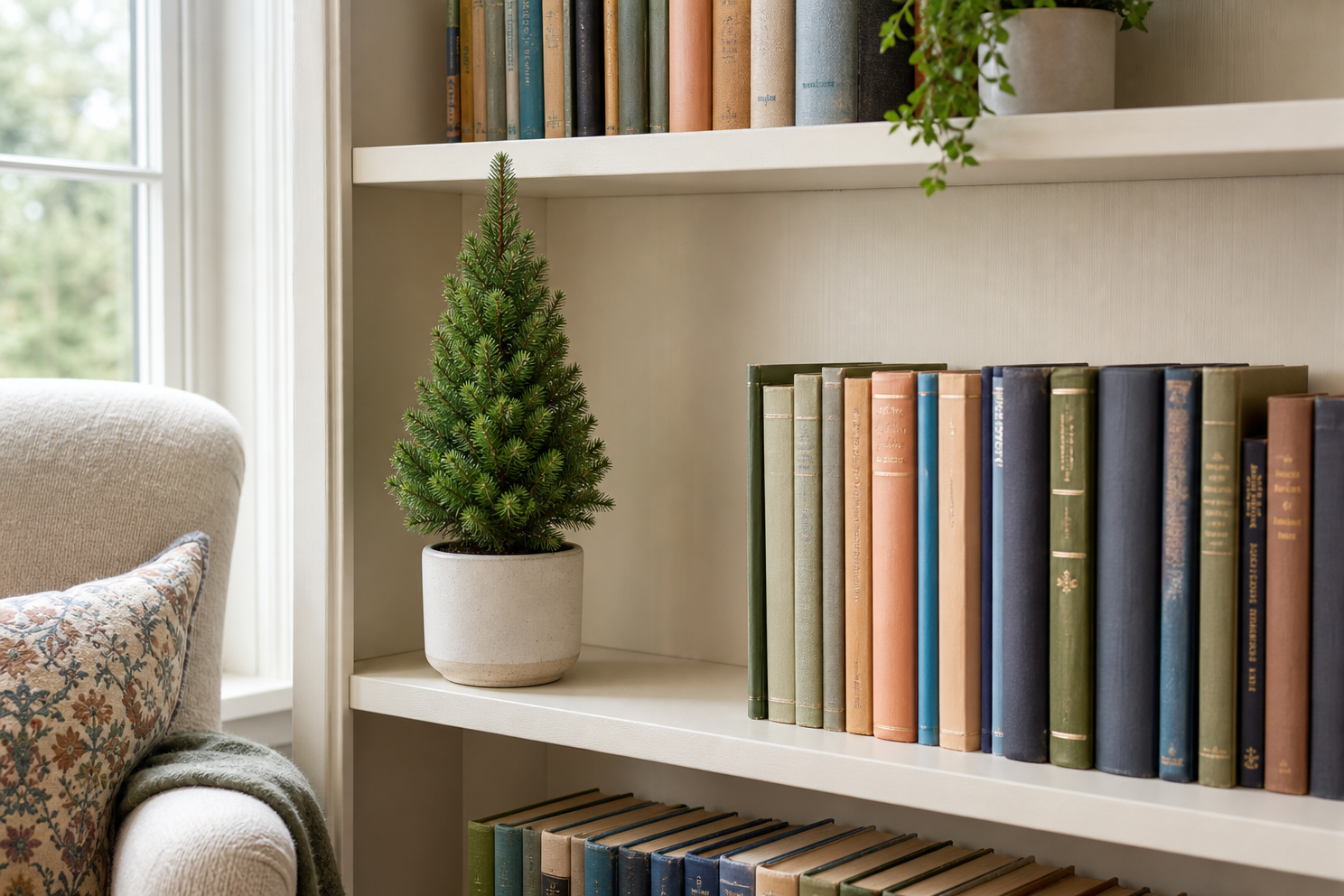 Small Christmas tree beside a book row