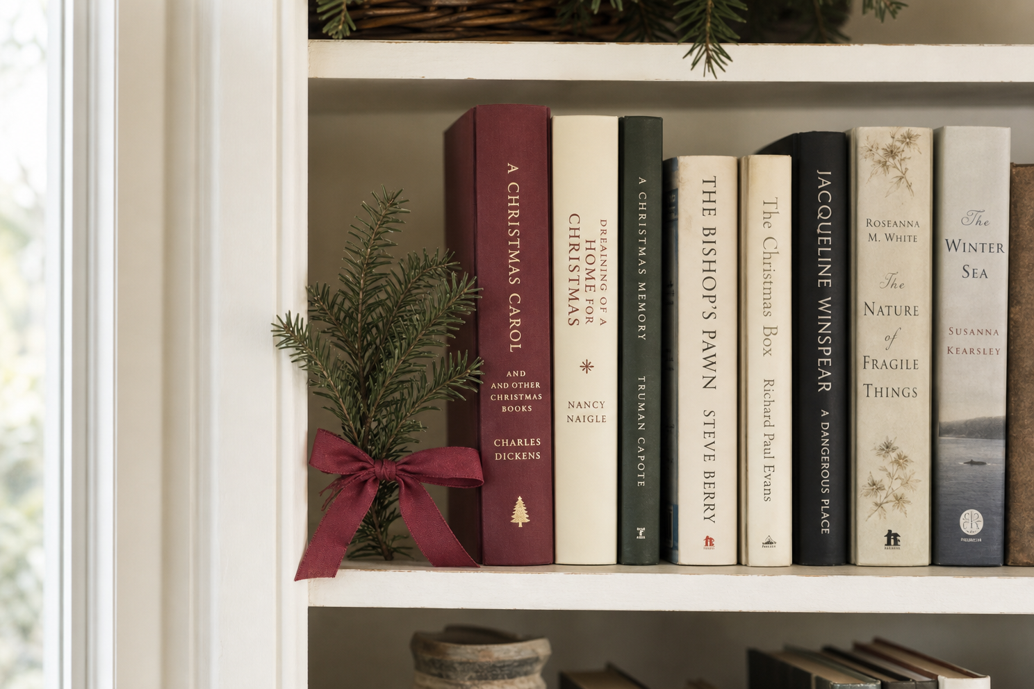 Muted Christmas color echo on a bookshelf