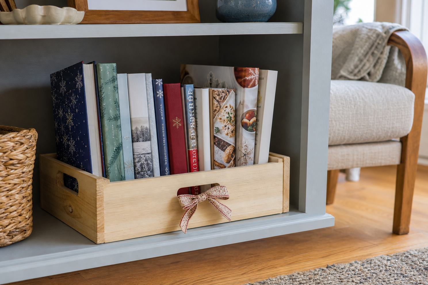 Lower shelf winter-reading crate