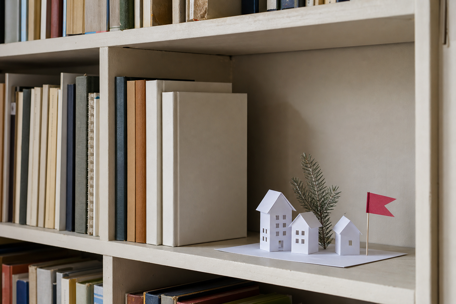 Tiny paper winter village beside books