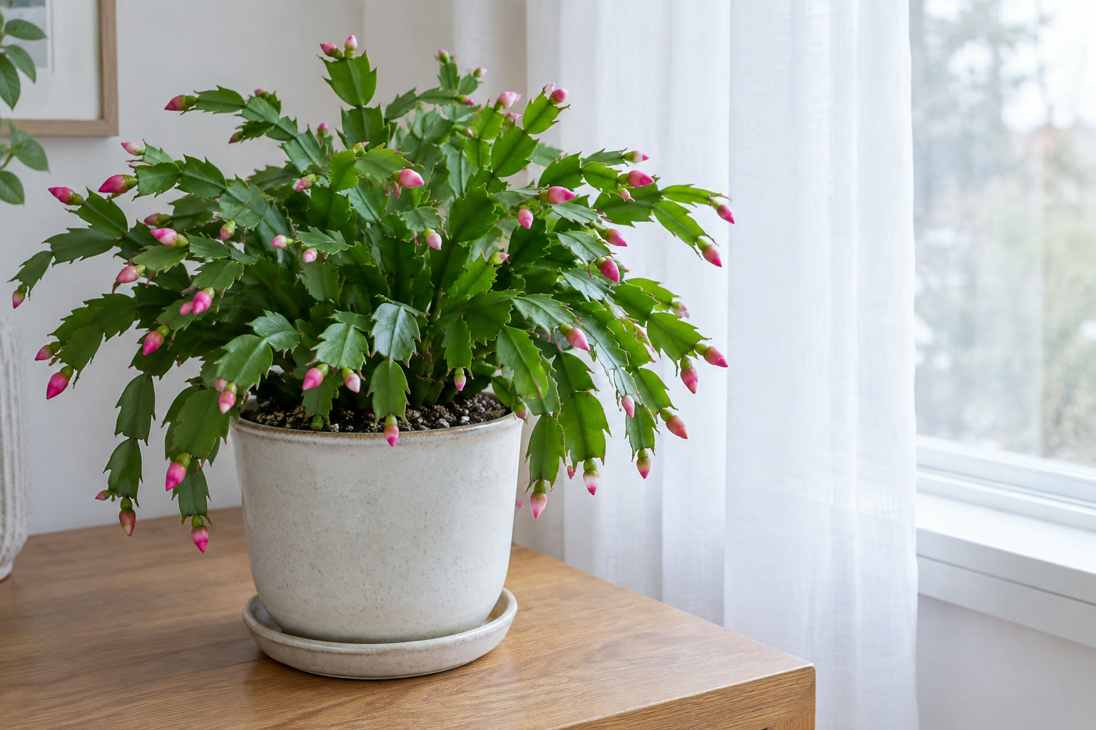 Healthy Christmas cactus with many buds beside a window with a sheer curtain