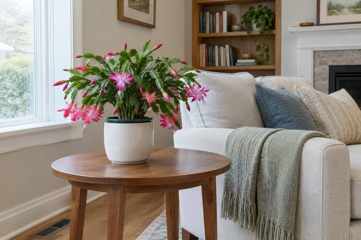 Flowering Christmas cactus on a stable living-room side table