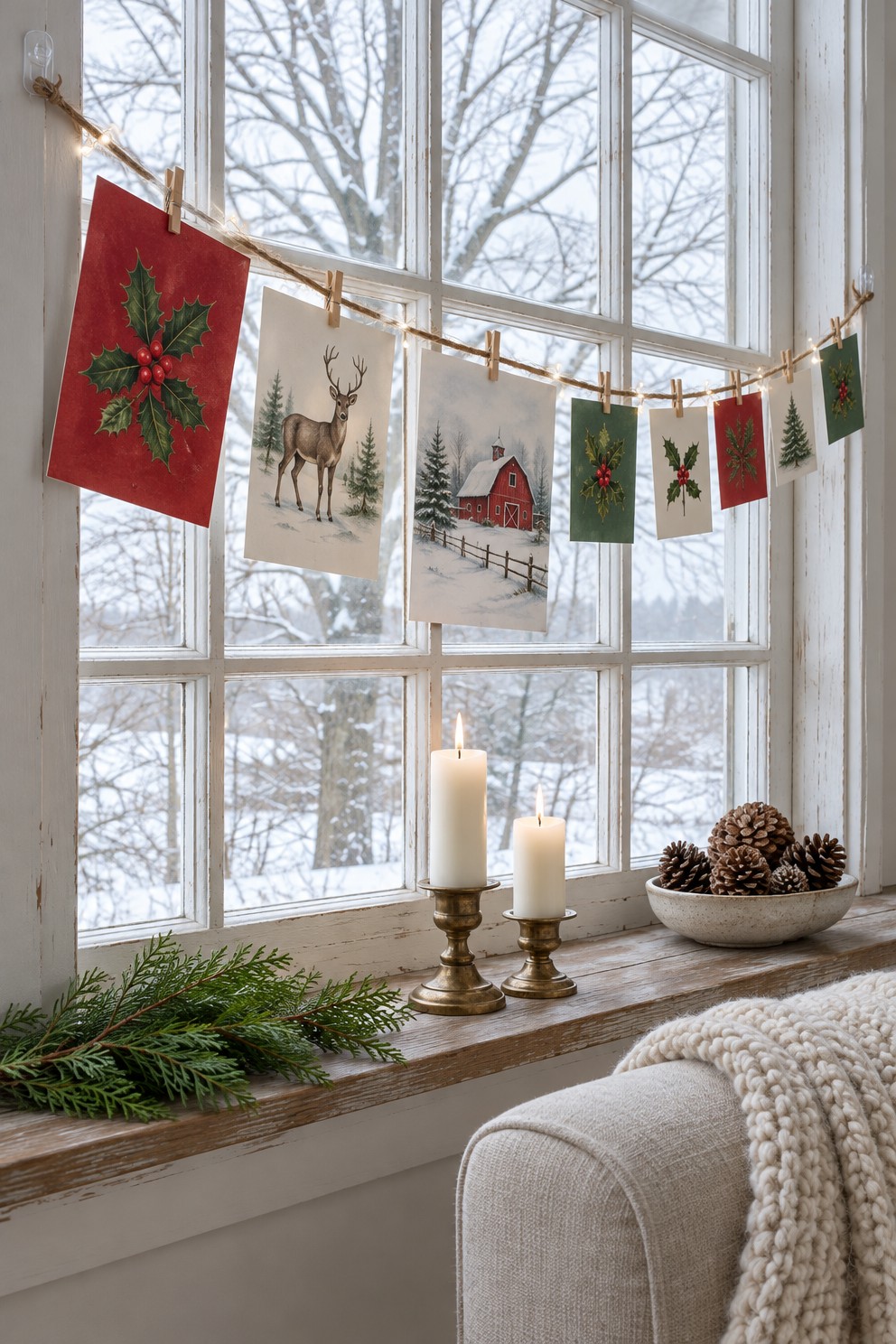 Jute twine with warm white fairy lights stretched across a paned window, holding eight Christmas cards on mini clothespins, with two candles and a bowl of pinecones on the sill