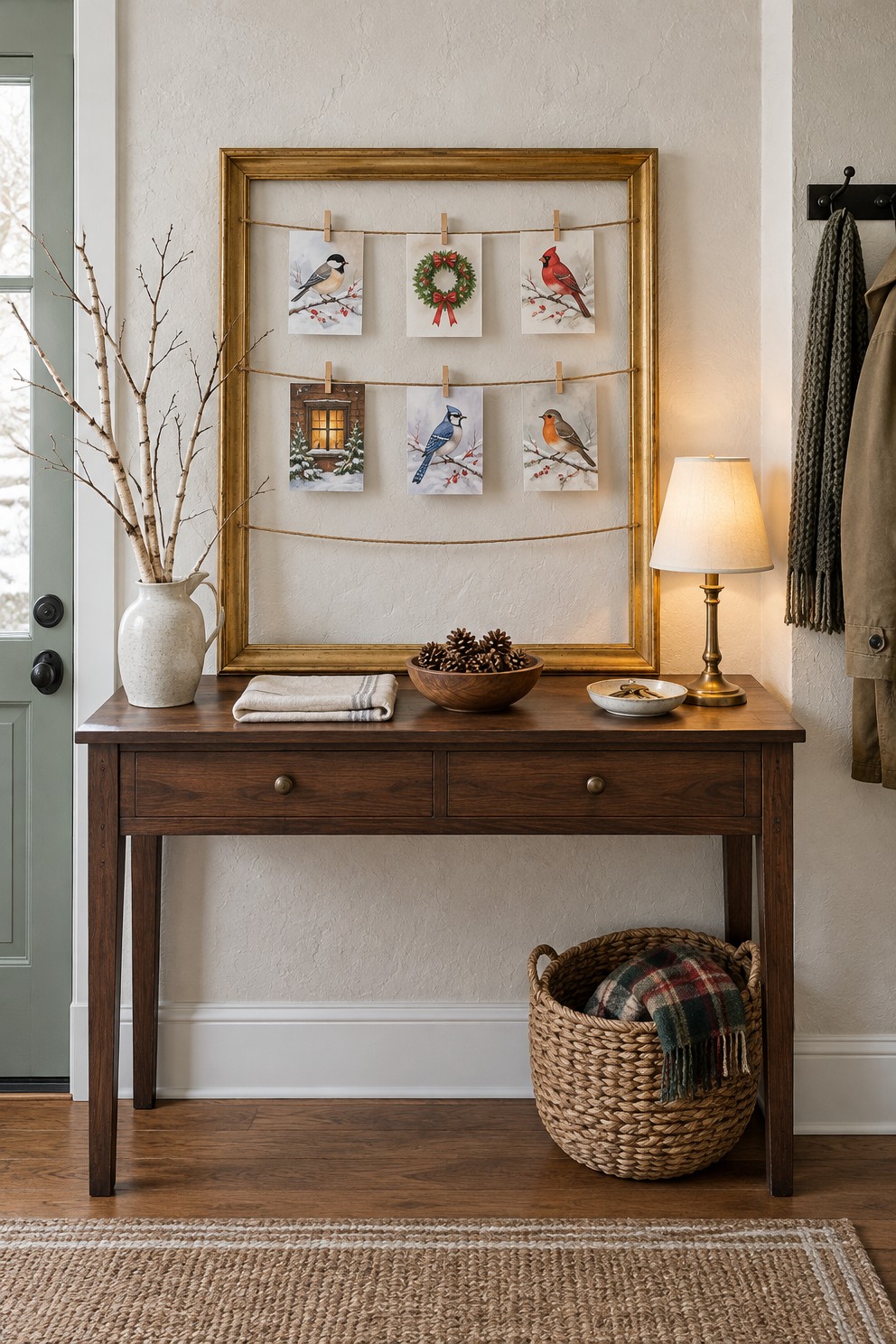 Large empty gold picture frame leaning on an entry console, with three rows of twine holding six Christmas cards on mini clothespins, beside a birch branch in a pitcher and a lit lamp