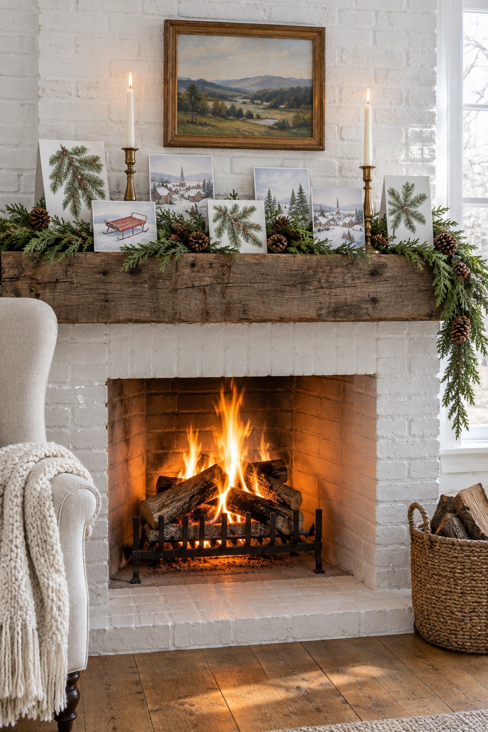 Wood mantel over a white brick fireplace with ten Christmas cards standing in staggered rows among cedar garland, pinecones and two candlesticks