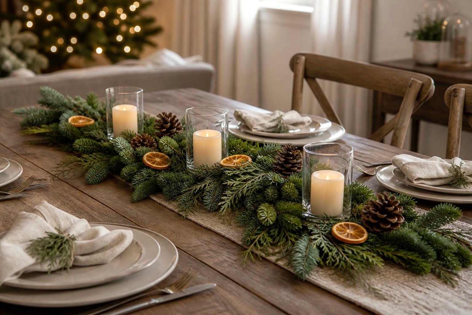 Low Christmas table runner made from fir and cedar tips, dried orange slices, pinecones and three flameless candles in glass sleeves
