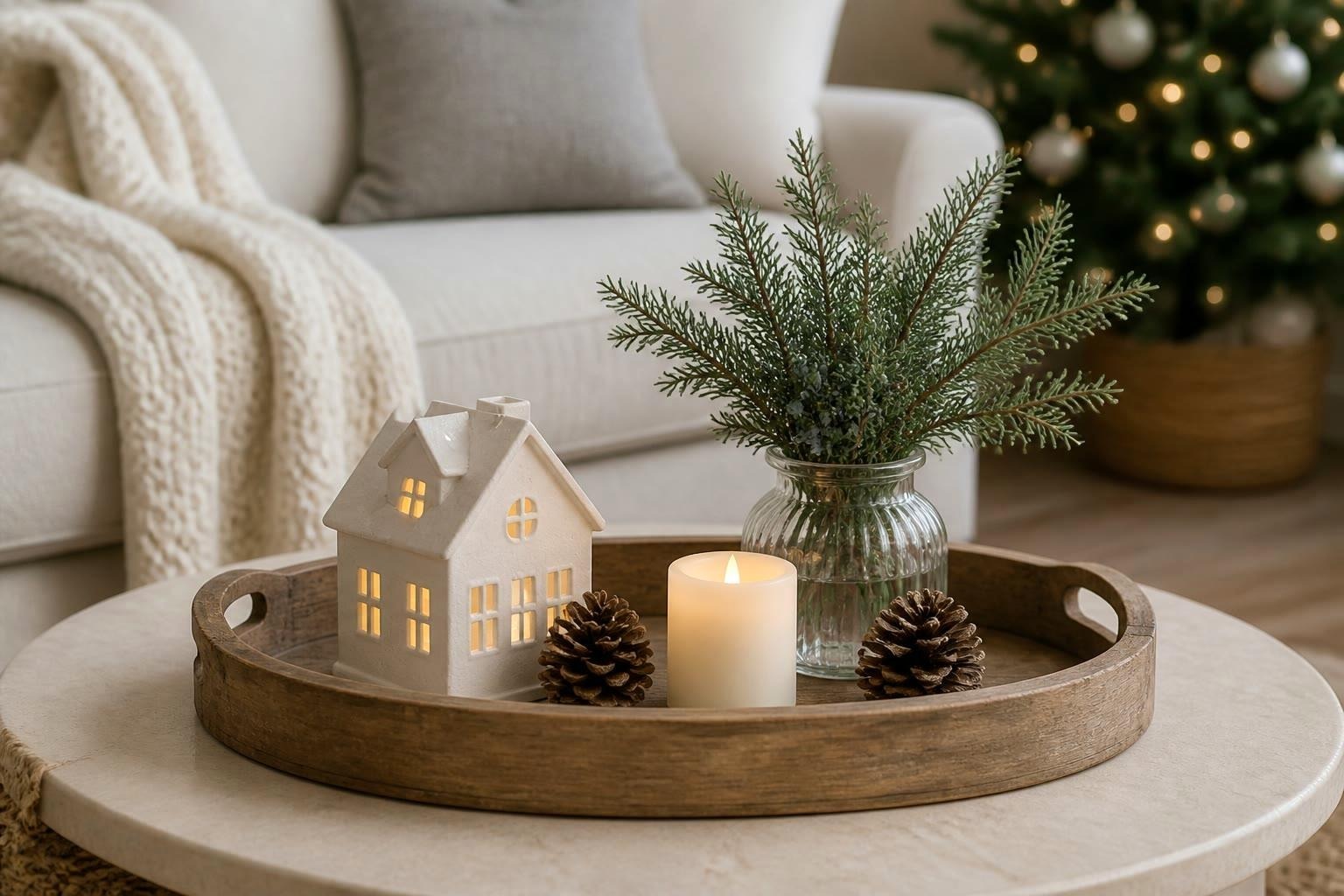 Wood coffee-table tray with a small lit ceramic house, juniper in a glass jar, two pinecones and an ivory battery candle
