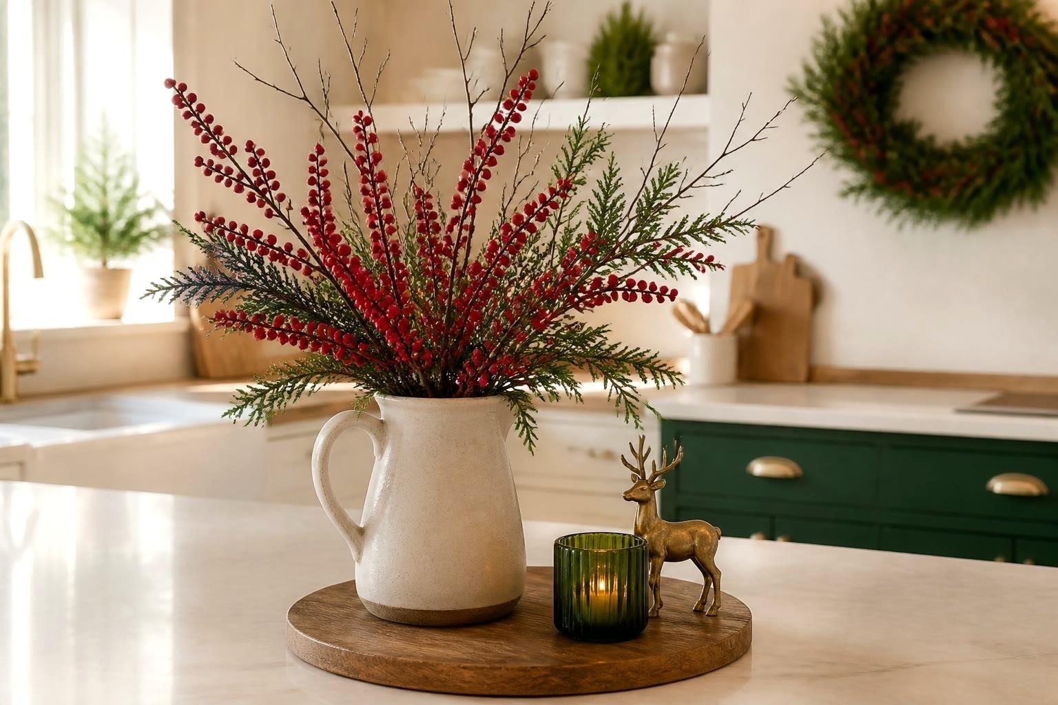 Tall red berry branches, cedar and bare twigs in a heavy cream pitcher on a kitchen island with a brass deer and green glass battery candle