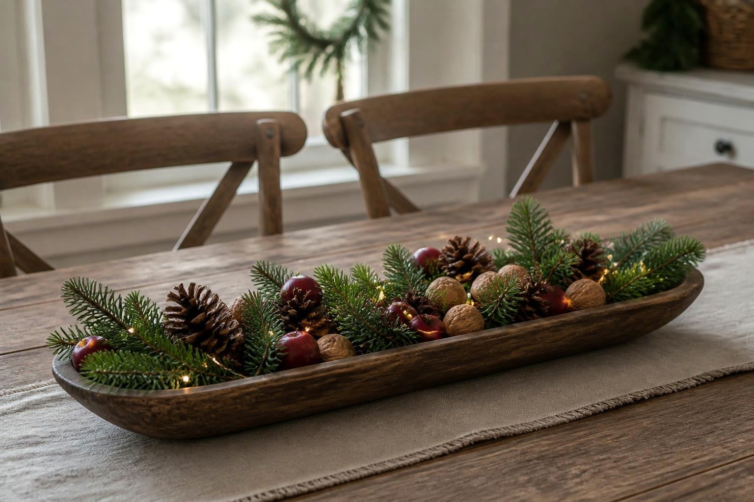Long wooden dough bowl filled with fir tips, pinecones, walnuts, red crabapples and a fine strand of warm battery lights